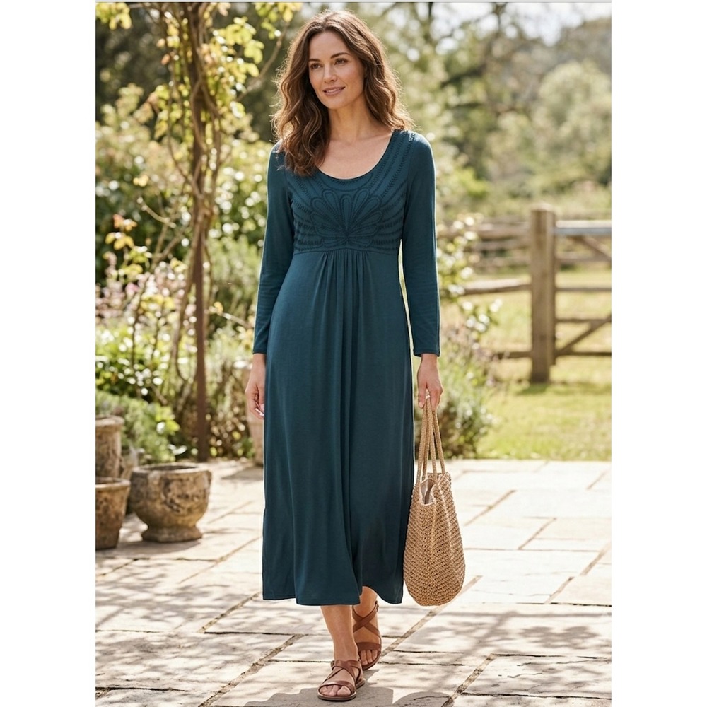 Boden Embroidered Empire Waist Midi Dress Womens Size 8L Teal Cottagecore‎